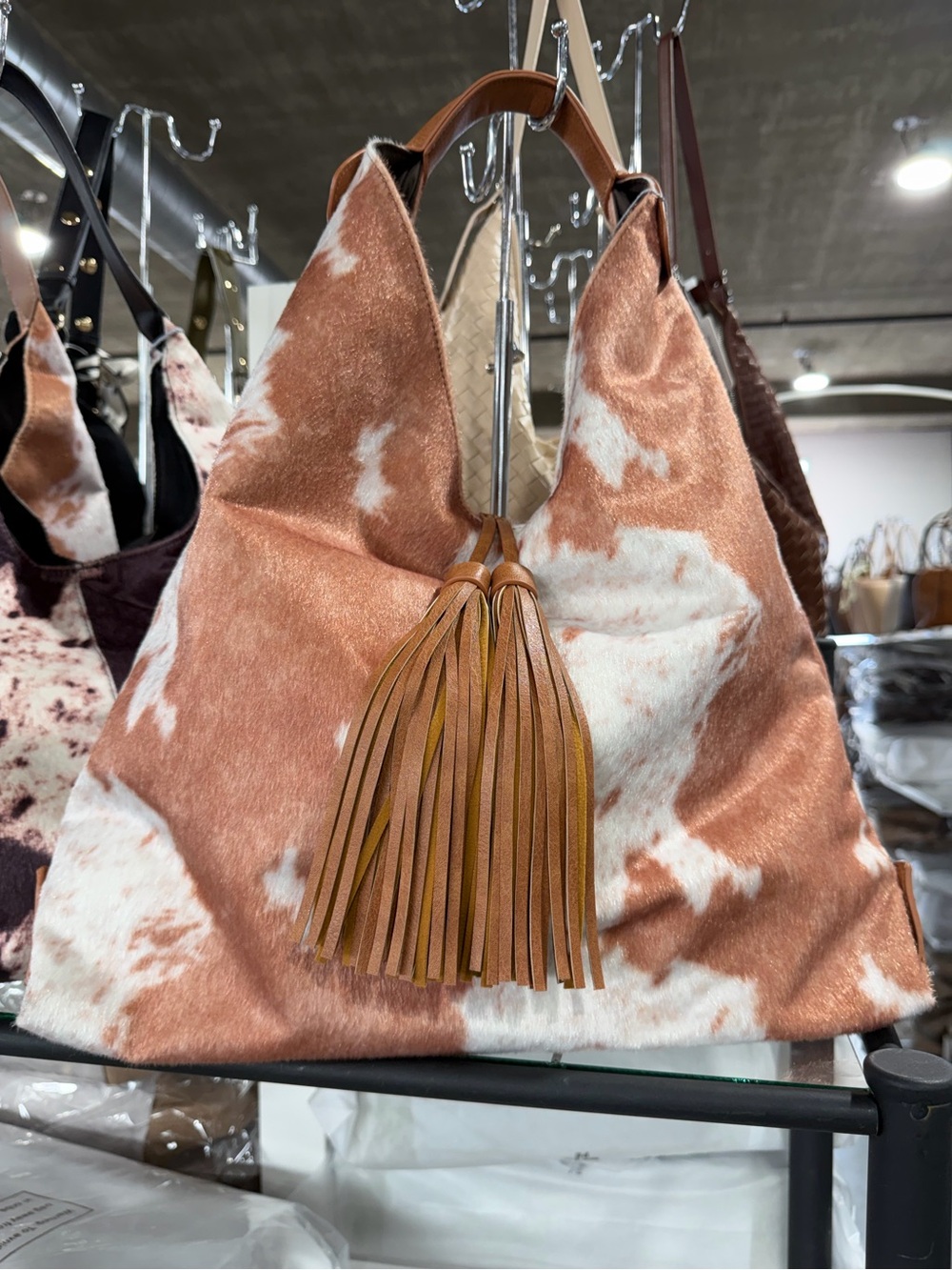 Faux Fur Cowhide Tassel Hobo Bag - Brown & White
